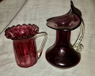 Two Vintage Small Amethyst Glass Pitcher/creamer - Vgc.  4 & 5 In He’s Height