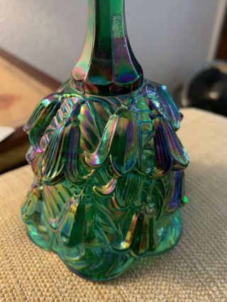 Fenton Purple / Green Carnival Glass Bell W/ Temple Bells Design 6 1/2 " Great