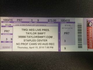 Taylor Swift Full Ticket Staples Center 04/15/2010