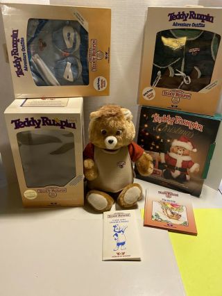 Vintage Teddy Ruxpin 1985 With Several,  Christmas Outfit,  Etc.