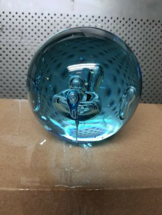 Vintage Aqua Blue Glass Paperweight With 5 Bubbles And A Tube /