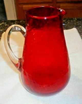 Vintage Hand Blown Red Crackle Glass Pitcher - 7 1/4 "