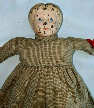 Antique Vintage German Minerva Tin Head Doll Handmade Dress Leather Body