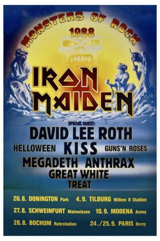 Monsters Of Rock: Iron Maiden,  David Lee Roth,  Kiss.  Gnr,  Poster 1988 12x18
