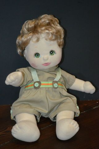 1985 Mattel My Child Baby Doll Blonde Boy Hazel Green Eyes Tan Jumpsuit
