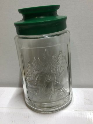 Anchor Hocking Vintage Glass Jar Canister Season Winter Skating Green Lid