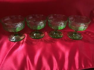 Vintage Set Of 4 Green Depression Glass Sherbet Dessert Pedestal Glasses