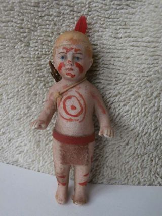Unusual Antique German Looking All Bisque 2 3/4 " Doll Cupid Or Indian