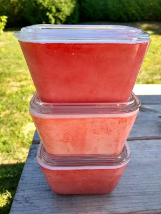 3 - Small Vintage PYREX RED REFRIGERATOR Dishes with Lids - 1 1/2 Cup - 501 2