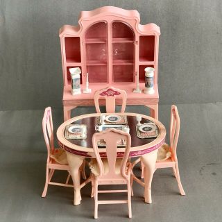 Barbie Dining Room Mattel 1984 Sweet Roses Pink Cabinet Table Chairs Dishes Cups