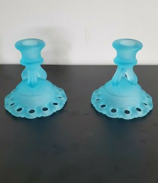Blue Frost 2 Westmoreland Blue Satin Glass Candle Holders Doric Pattern Lace