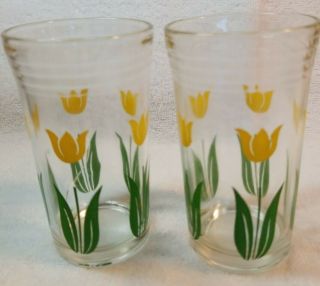 Vintage Set Of 2 Hazel Atlas Drinking Glass - Yellow Tulips