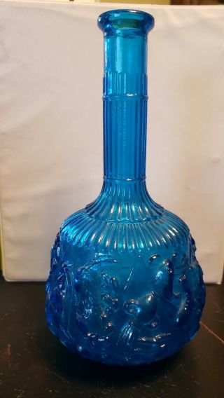 Vintage 1960s Empoli Glass Blue Zodiac Constellation Decanter Genie Bottle