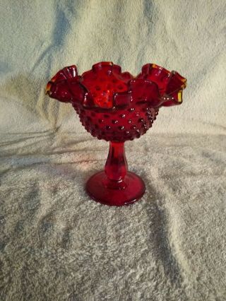 Fenton Ruby Red Hobnail Ruffled Top,  Compote Glassware,  Candy Dish 6 In.
