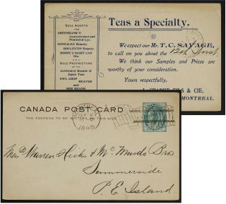 Montreal Flag Cancel 1898 Tea Advertising Back Psc Leaf Card To Summerside Pei