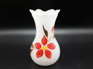 Vintage Hand Blown Art Glass Bud Vase White Glass Red Flower W/ Gold Leaves