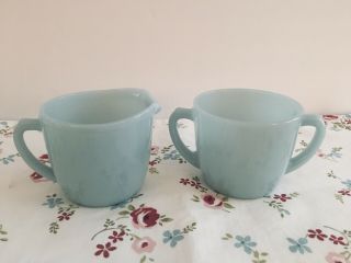 Vintage Fire King Turquoise Blue Cream And Sugar Bowl Set