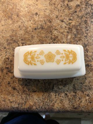 Vintage Pyrex Covered Butter Dish Gold With Butterfly And Flower Design