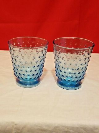 Set Of 2 Vintage Blue Hobnail Glass Tumblers 4 " Tall