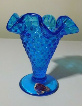 Vintage Fenton Colonial Blue Hobnail 3 3/4 " Trumpet Vase With Label