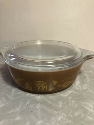 Vintage Pyrex Brown & Gold Americana 1/2 Quart Casserole Dish With Lid