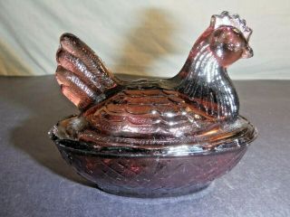 Vintage Small Glass Purple Amethyst Hen On Nest Covered Candy Dish Hen On Basket