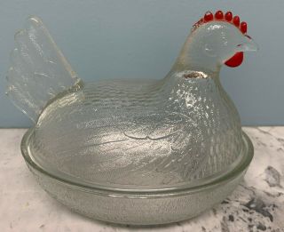 Vintage Indiana Clear Glass Red Comb Chicken Hen On Nest Covered Candy Dish