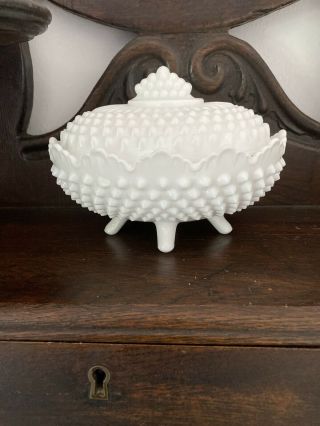Vintage Fenton Hobnail Milk Glass Footed Oval Candy Dish W/lid Cond.