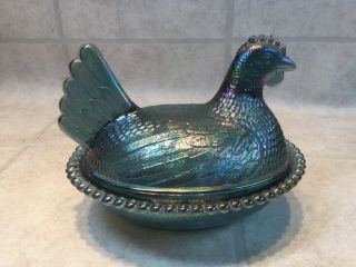 Vtg Indiana Iridescent Blue Glass 7 " Hen On Nest Glass Covered Candy Dish