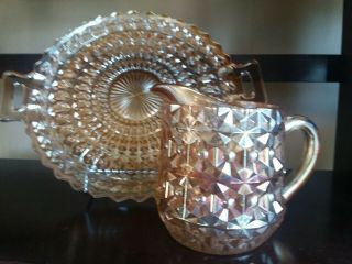 Vtg Jeannette Iridescent Marigold Carnival Glass Platter/creamer Waffle Diamond