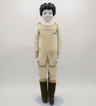 Antique German 15 " China Head Doll With Jointed Leather Body,
