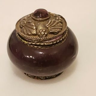 Art Deco Nouveau Silver Plate Lid Amethyst Purple Glass Trinket Box Powder Jar