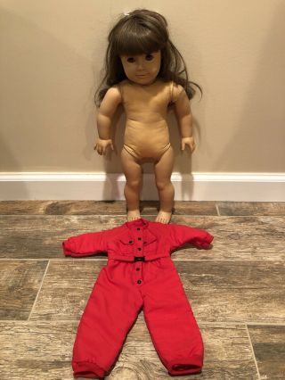 American Girl Doll Light Brown Hair With Bangs Blue Eyes With Red Dog Sled Suit