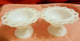 Vintage White Milk Glass Lace Edge Pedestal Footed Sherbet/desert Bowl Set Of 2