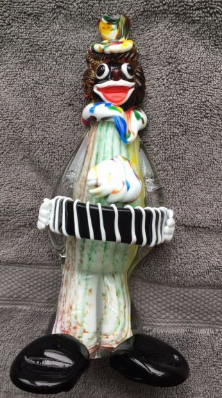 Murano Art Glass Black Face Clown Figurine With Accordion 9 Inches Tall