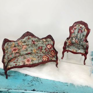 Dollhouse Miniature Victorian Sofa & Chair Cherry Wood Blue Floral Fabric Signed