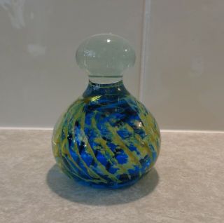 Mdina Art Glass Paperweight.  Blue Base With Yellow Streaks - Signed Mdina On Base