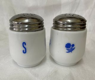 Vintage Gemco Corning Milk Glass Salt Pepper Shakers Blue Cornflower Metal Tops