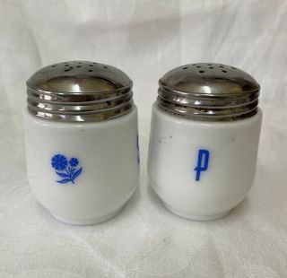 Vintage Gemco Corning Milk Glass Salt Pepper Shakers Blue Cornflower Metal Tops 2