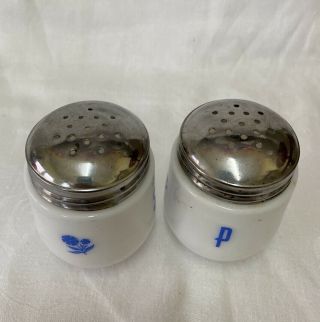 Vintage Gemco Corning Milk Glass Salt Pepper Shakers Blue Cornflower Metal Tops 3