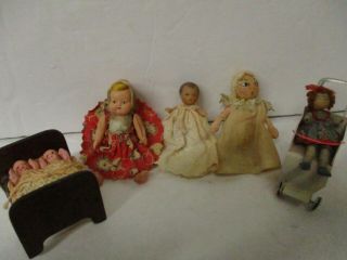 Vintage Antique Miniature Doll House Babies Metal Stroller Twins Bed Rubber