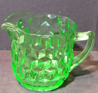 Vintage Green Vaseline Depression Glass Jeanette Cubist Cube Creamer
