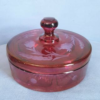Vintage Cranberry Flash Round Covered Divided Candy Nut Bowl Dish Etched W/ Lid