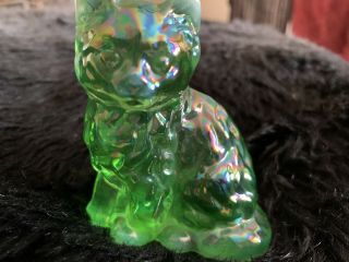 Vintage Mosser Iridescent Green Opal Carnival Glass Cat Figure Statue Art Glass