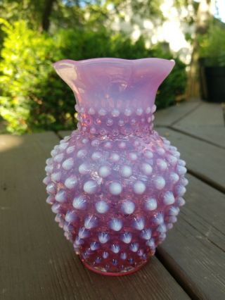 Vintage Fenton Hobnail Cranberry Opalescent Glass 8 Pt Crimp 5 3/4 " Tall Vase