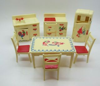 Vintage 1950s Renwal Dollhouse Furniture Decal Kitchen Dining Room Set Minty