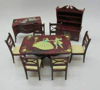 Vintage 1950s Renwal Dollhouse Furniture Rare 9 Pc.  Decal Dining Room Set Minty