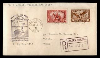 Dr Who 1936 Canada Golden Arm To Cole First Flight Air Mail Registered C203500
