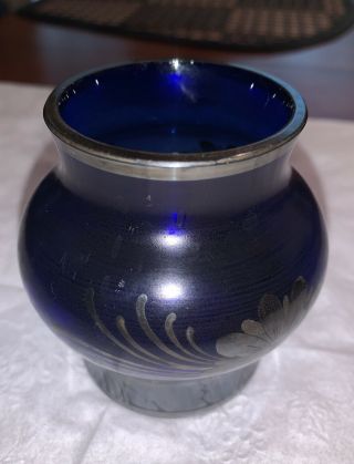 Antique Hand Blown Bulbous Cobalt Blue Glass Vase With Silver Overlay