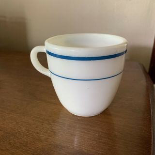 Vintage Pyrex Corning Milk Glass Mug Teal Blue Stripes Restaurant Ware 723 - 13